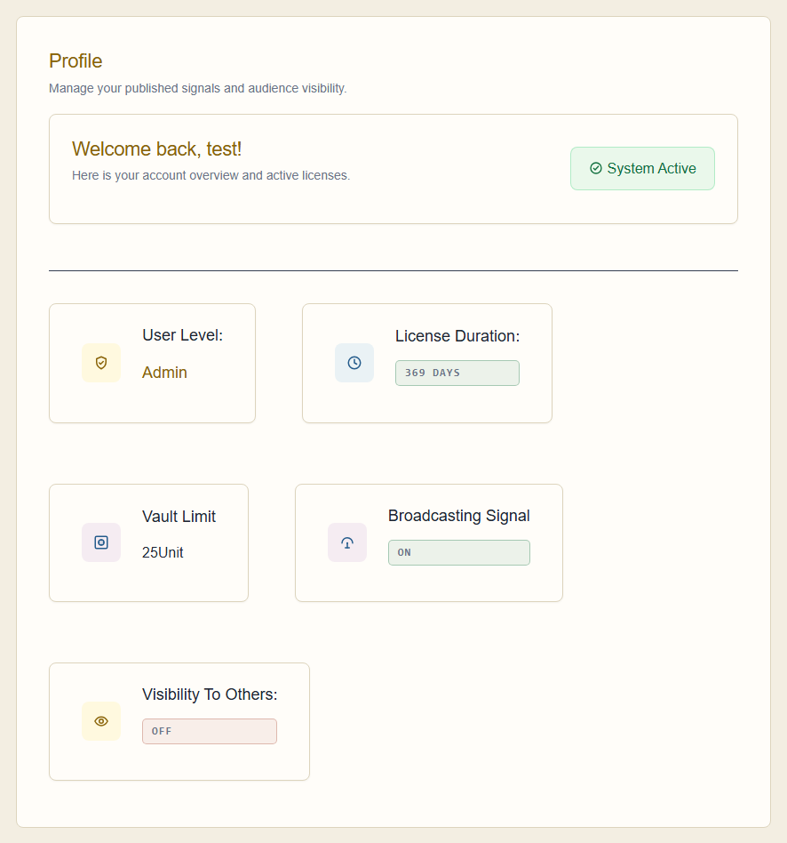 CryptoStratium account dashboard showing licence, vault limit and broadcasting status