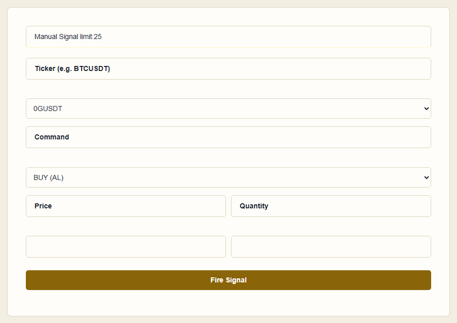 Manual signal form: choose coin, buy or sell, price and quantity